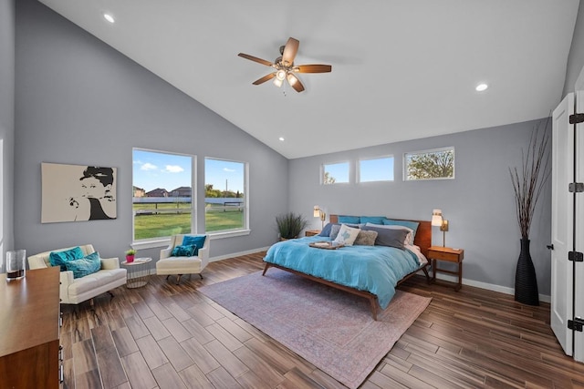 bedroom featuring high vaulted ceiling, wood finished floors, baseboards, ceiling fan, and recessed lighting