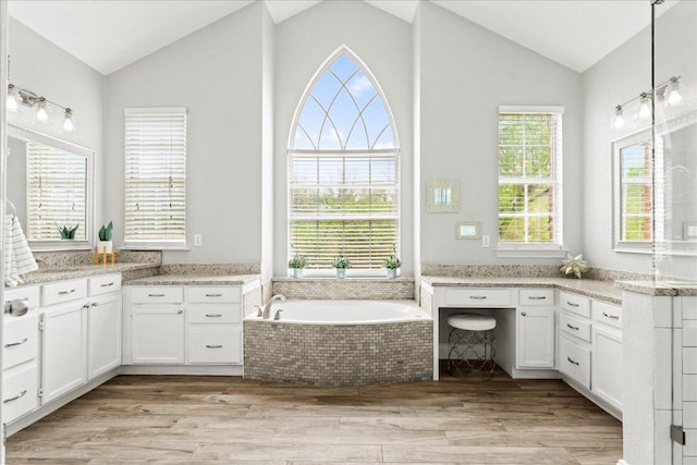 1019 Lone Buck Pass, Cedar Park, TX 78613 - bathroom with vaulted ceiling, plenty of natural light, a garden tub, and wood finished floors