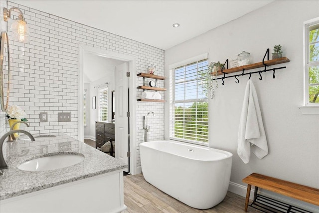 1019 Lone Buck Pass, Cedar Park, TX 78613 - full bath featuring vanity, a freestanding tub, plenty of natural light, and wood finished floors