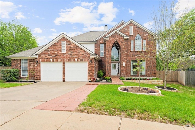 1019 Lone Buck Pass, Cedar Park, TX 78613 - traditional-style home with an attached garage, concrete driveway, brick siding, and a chimney