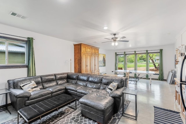 6810 River Oaks Dr, Kingsland, TX 78639 - living area featuring a ceiling fan, finished concrete floors, and recessed lighting