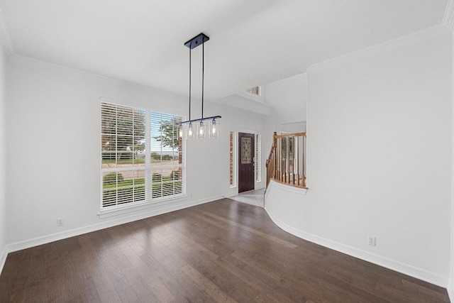 12452 Fairfax Ridge Pl, Austin, TX 78738 - spare room with wood finished floors, baseboards, stairs, a chandelier, and crown molding