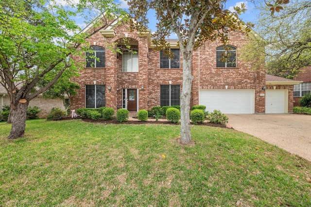 12452 Fairfax Ridge Pl, Austin, TX 78738 - traditional-style house featuring concrete driveway, a front yard, brick siding, and an attached garage