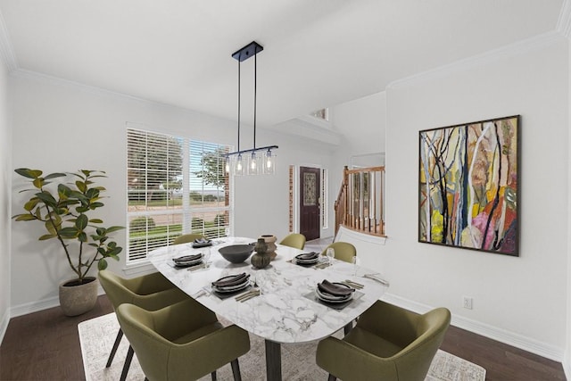 12452 Fairfax Ridge Pl, Austin, TX 78738 - dining room with a chandelier, crown molding, dark wood-type flooring, and stairway