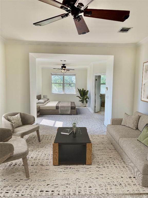 12452 Fairfax Ridge Pl, Austin, TX 78738 - living room featuring ornamental molding, ceiling fan, and carpet floors