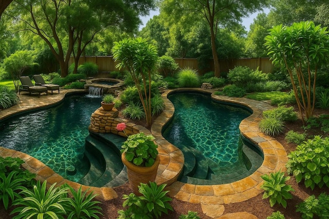 12452 Fairfax Ridge Pl, Austin, TX 78738 - view of swimming pool featuring a fenced backyard, an in-ground hot tub, and a patio area