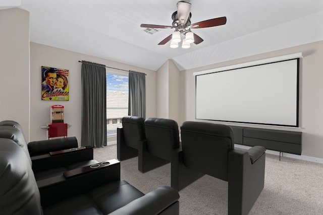 3312 Cortes Pl, Round Rock, TX 78665 - home theater with light colored carpet, ceiling fan, and lofted ceiling