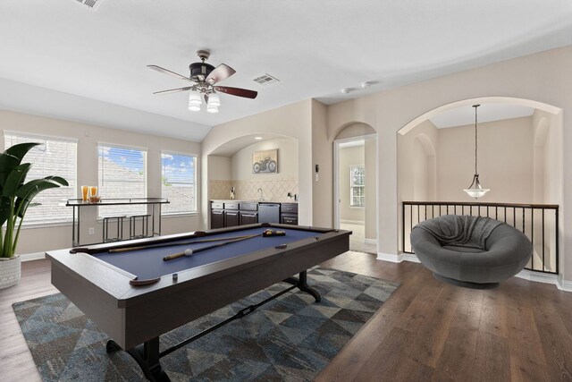3312 Cortes Pl, Round Rock, TX 78665 - game room with wood finished floors, a ceiling fan, billiards, and arched walkways