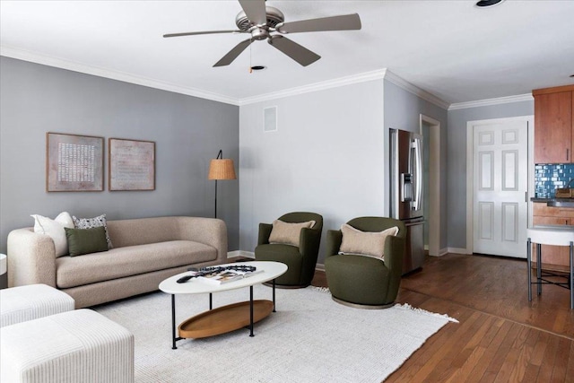 2210 Meadowbrook Dr, Austin, TX 78703 - living room with wood-type flooring, a ceiling fan, and crown molding