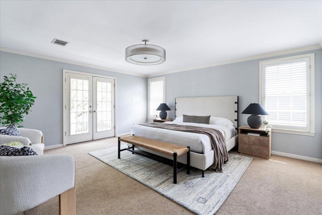 2210 Meadowbrook Dr, Austin, TX 78703 - bedroom with carpet floors, crown molding, access to exterior, and french doors