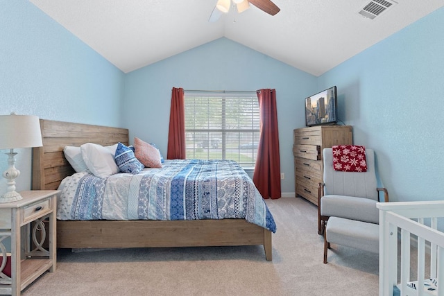 198 Prairie Springs Loop, Georgetown, TX 78626 - carpeted bedroom with vaulted ceiling, visible vents, and a ceiling fan