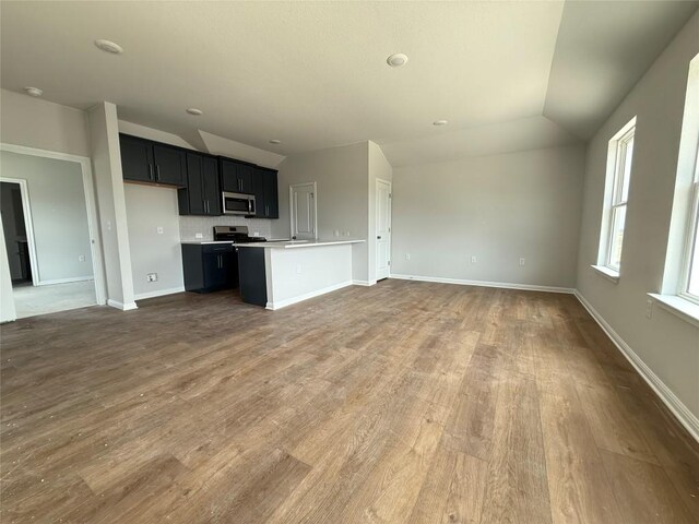 8516 Dongan Dr, Austin, TX 78744 - kitchen featuring appliances with stainless steel finishes, vaulted ceiling, open floor plan, light countertops, and dark wood-style flooring