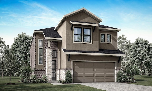 17407 Hattie Trce, Austin, TX 78738 - view of front facade featuring stone siding, stucco siding, a garage, a front yard, and driveway