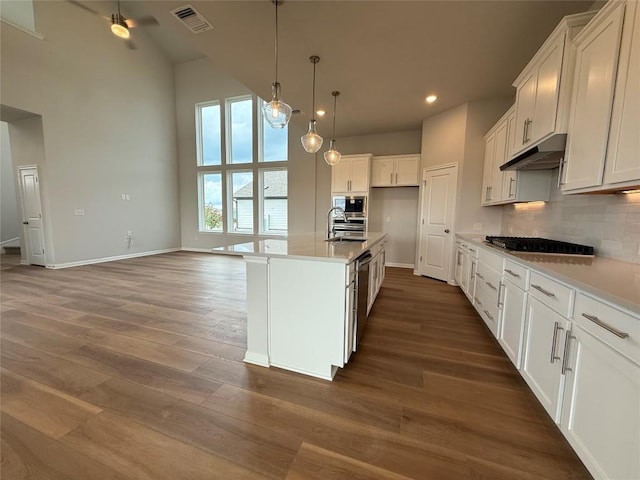 8600 Dongan Dr, Austin, TX 78744 - kitchen with stainless steel appliances, a towering ceiling, recessed lighting, dark wood-type flooring, and decorative backsplash