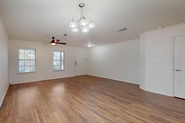 1711 Lloydminister Way, Cedar Park, TX 78613 - unfurnished room featuring crown molding, a ceiling fan, wood finished floors, a chandelier, and baseboards