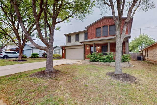 1711 Lloydminister Way, Cedar Park, TX 78613 - traditional-style house with brick siding, concrete driveway, a porch, a garage, and central air condition unit