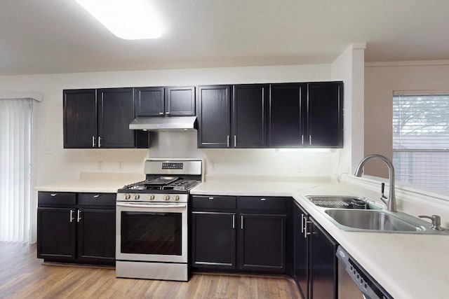 1711 Lloydminister Way, Cedar Park, TX 78613 - kitchen with stainless steel appliances, under cabinet range hood, a sink, and light wood-style floors