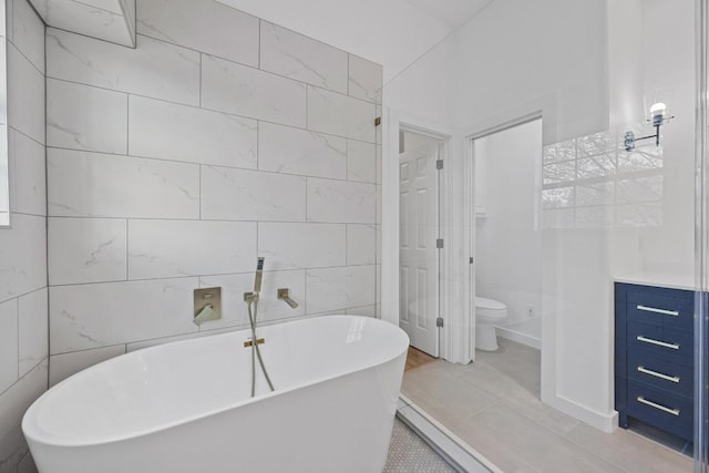 3505 Galena Hills Loop, Round Rock, TX 78681 - bathroom with a freestanding tub, tile walls, and vanity