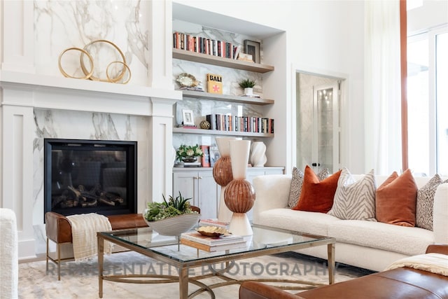 living area with a premium fireplace