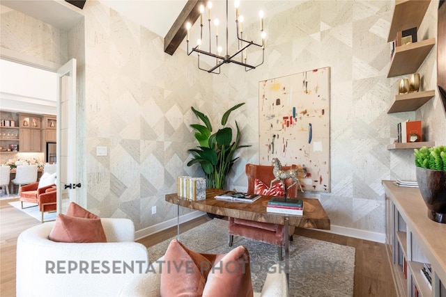 office with wood finished floors, a notable chandelier, baseboards, and tile walls