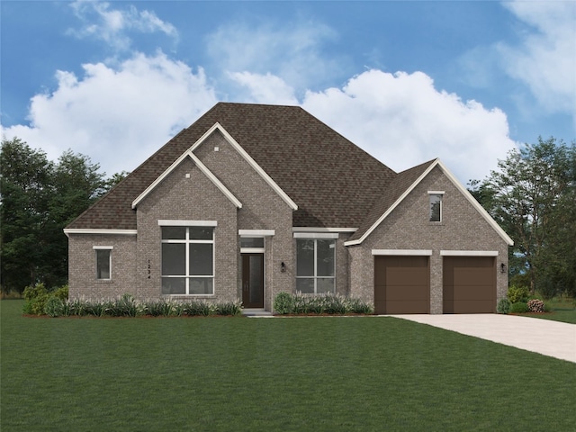 craftsman-style home featuring driveway, a front lawn, brick siding, a garage, and a shingled roof