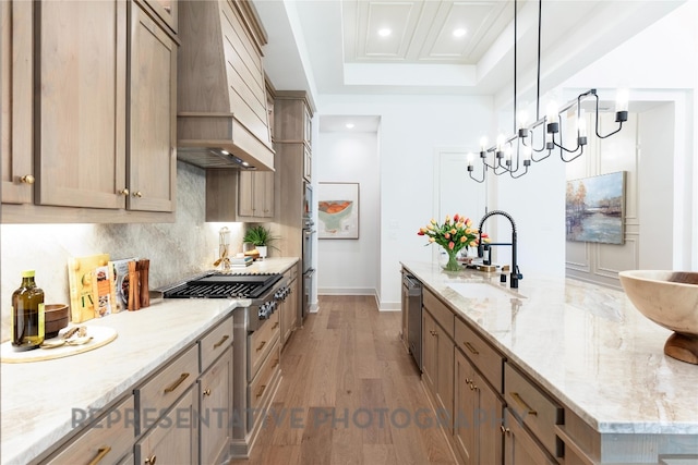 kitchen with baseboards, a raised ceiling, a sink, appliances with stainless steel finishes, and custom range hood