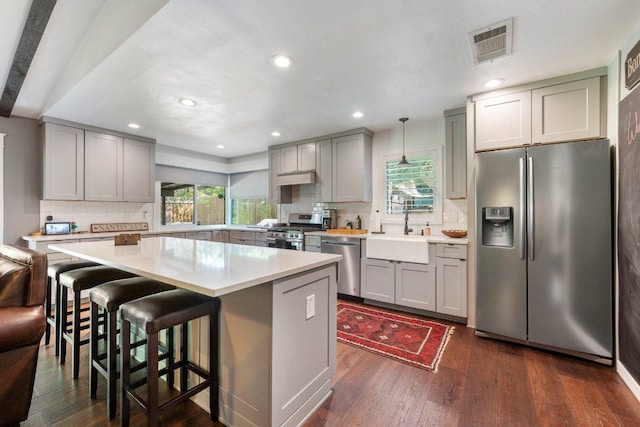 5310 Fort Clark Dr, Austin, TX 78745 - kitchen featuring appliances with stainless steel finishes, gray cabinets, a sink, backsplash, and recessed lighting
