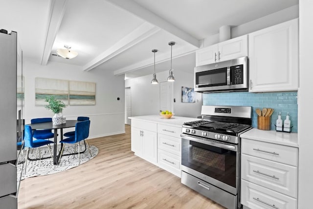 7003 Priscilla Dr, Austin, TX 78752 - kitchen with stainless steel appliances, beam ceiling, white cabinetry, light wood-type flooring, and decorative backsplash