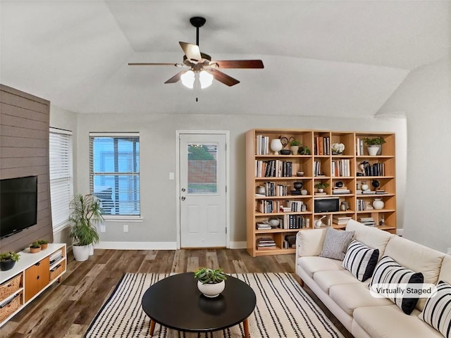 1608 Mallard Ln, Taylor, TX 76574 - living area featuring a ceiling fan, vaulted ceiling, and wood finished floors
