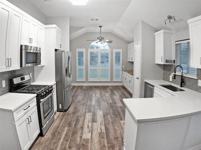 1608 Mallard Ln, Taylor, TX 76574 - kitchen with appliances with stainless steel finishes, a ceiling fan, wood finished floors, lofted ceiling, and white cabinets