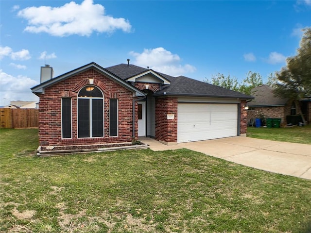 1608 Mallard Ln, Taylor, TX 76574 - ranch-style home featuring brick siding, an attached garage, concrete driveway, a chimney, and roof with shingles
