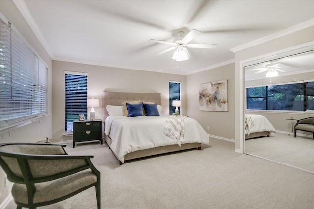 7306 Fireoak Dr, Austin, TX 78759 - bedroom with carpet, crown molding, a ceiling fan, and multiple windows