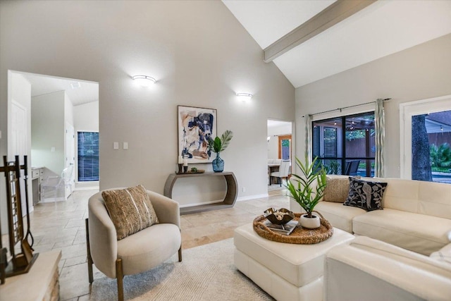 7306 Fireoak Dr, Austin, TX 78759 - living room featuring high vaulted ceiling and beam ceiling