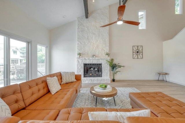 313 Lucy Ln, Horseshoe Bay, TX 78657 - living area featuring high vaulted ceiling, healthy amount of natural light, wood finished floors, beamed ceiling, and a fireplace