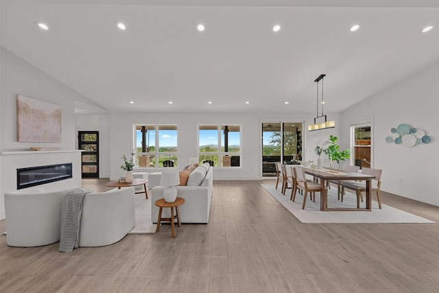 509 Flamingo Blvd, Lakeway, TX 78734 - living room featuring plenty of natural light, light wood-type flooring, a glass covered fireplace, recessed lighting, and lofted ceiling