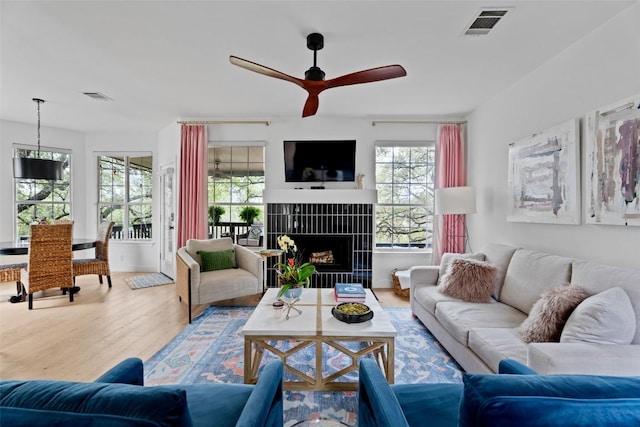 102 Hurst Creek Rd, Lakeway, TX 78734 - living room with ceiling fan, wood finished floors, and a fireplace