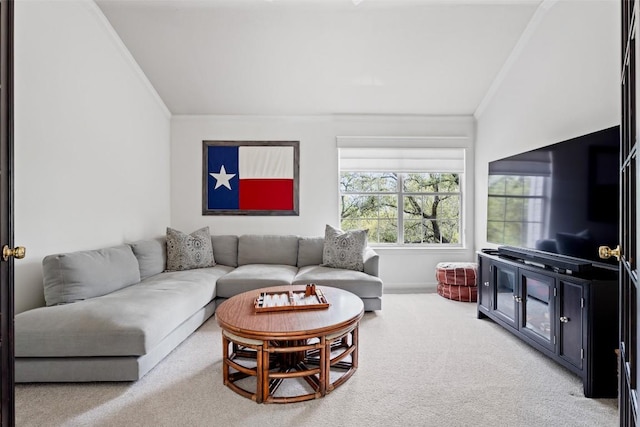 102 Hurst Creek Rd, Lakeway, TX 78734 - living room featuring crown molding, carpet flooring, baseboards, and vaulted ceiling