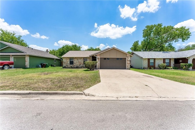 single story home with an attached garage, concrete driveway, a front lawn, and brick siding