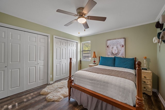1135 Barton Hills Dr Unit 136, Austin, TX 78704 - bedroom featuring two closets, wood finished floors, ornamental molding, and ceiling fan