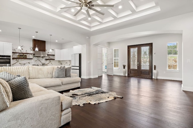 25101 Fawn Dr, Leander, TX 78641 - living room with a ceiling fan, recessed lighting, baseboards, a towering ceiling, and beamed ceiling