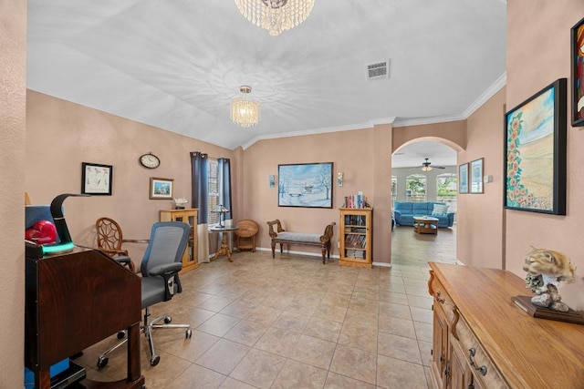 2312 Mcgregor Ln, Cedar Park, TX 78613 - office space featuring a chandelier, light tile patterned floors, arched walkways, ornamental molding, and baseboards