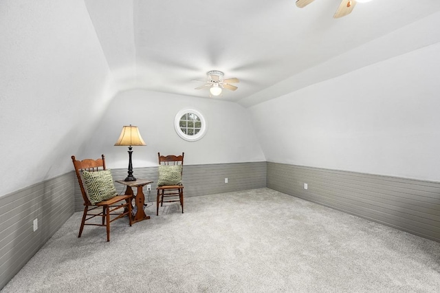 200 Oak Grove Dr, Dripping Springs, TX 78620 - sitting room featuring ceiling fan, vaulted ceiling, wainscoting, and carpet floors