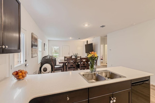 344 The Bad Way, Jarrell, TX 76537 - kitchen with dark brown cabinets, light countertops, open floor plan, dishwasher, and a sink