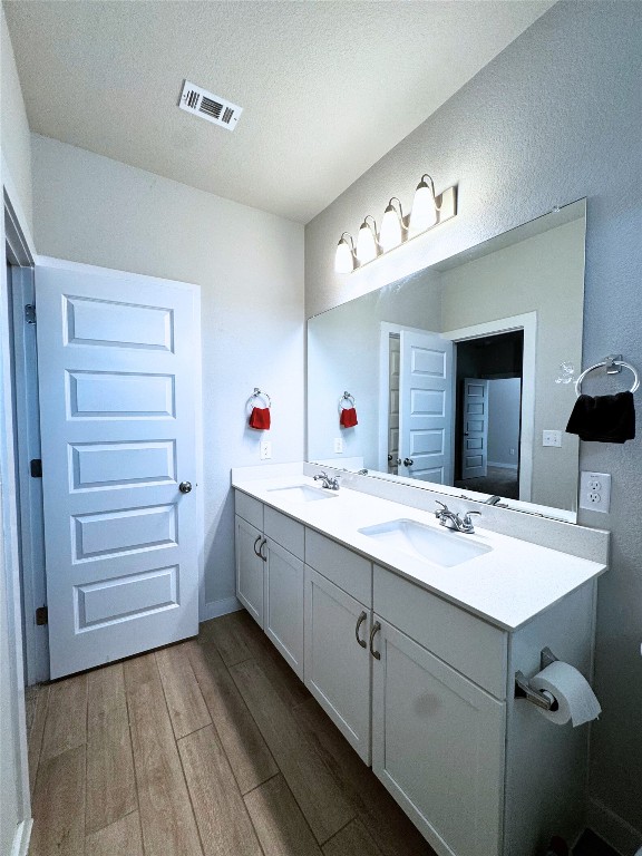 131 Harvest Ridge Blvd, Elgin, TX 78621 - bathroom featuring double vanity, wood finished floors, and a textured ceiling