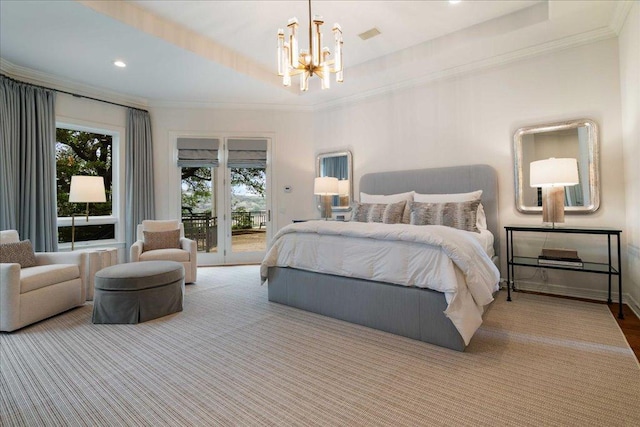 24729 Travis Lakeside Cv, Spicewood, TX 78669 - bedroom featuring a chandelier, access to outside, ornamental molding, and recessed lighting