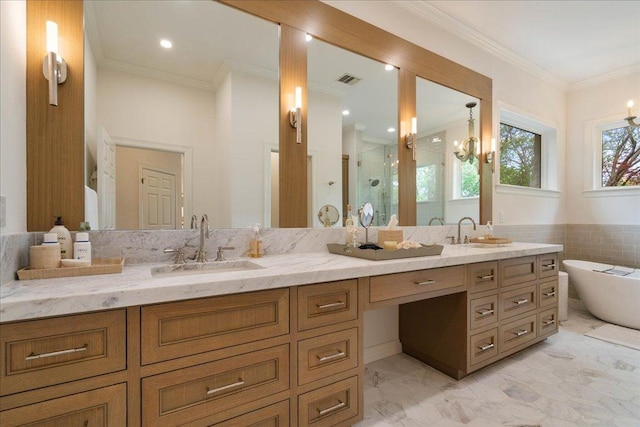 24729 Travis Lakeside Cv, Spicewood, TX 78669 - full bathroom with double vanity, a stall shower, a soaking tub, ornamental molding, and marble finish flooring