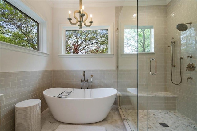 24729 Travis Lakeside Cv, Spicewood, TX 78669 - full bathroom featuring tile walls, a shower stall, a soaking tub, a chandelier, and ornamental molding