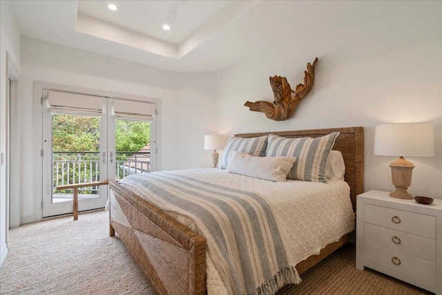 24729 Travis Lakeside Cv, Spicewood, TX 78669 - bedroom featuring access to outside, light carpet, and recessed lighting