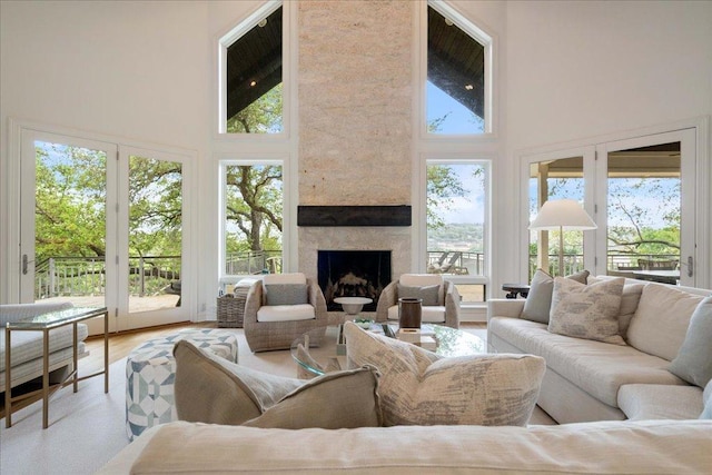 24729 Travis Lakeside Cv, Spicewood, TX 78669 - living room featuring a towering ceiling and a fireplace