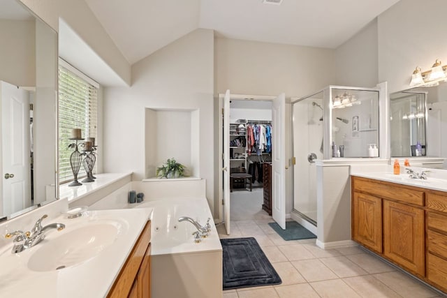 2907 Briona Wood Ln, Cedar Park, TX 78613 - full bath with a shower stall, a tub with jets, vanity, tile patterned flooring, and lofted ceiling